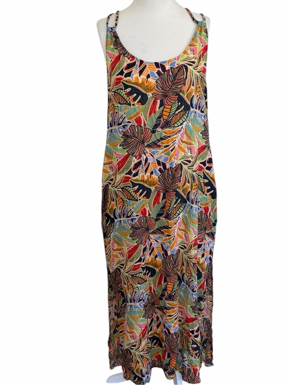 C&C California Linen Blend Dress Tropical Print Halter Neck Sleeveless Size S